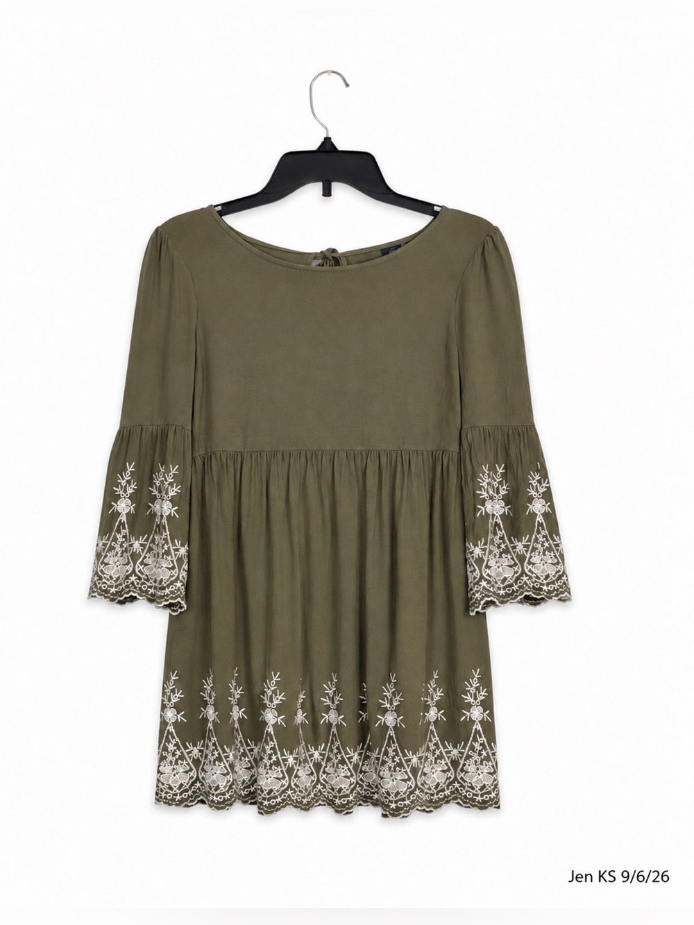 Blue Rain Embroidered Babydoll Dress Women’s Small Olive Boho Bell Sleeve